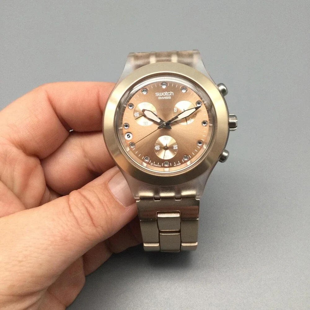Swatch Irony Diaphane Men Watch 42mm Full Blooded Caramel Swiss New Battery 6.5